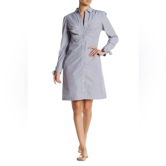 ECI Bow Cuff Railroad Stripe Shirt Dress Button Front Long Sleeves Navy Size 6 - Picture 1 of 14